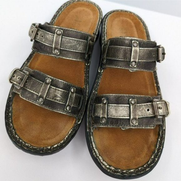 Naot Karaoke Wedge Sandal 37 6 Metallic Bronze Gold Strappy Side Buckle Open Toe - Picture 5 of 13